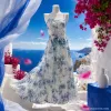 Blue and white tie-dyed cool silk linen dress for women's wear, floral style long dress Specification image